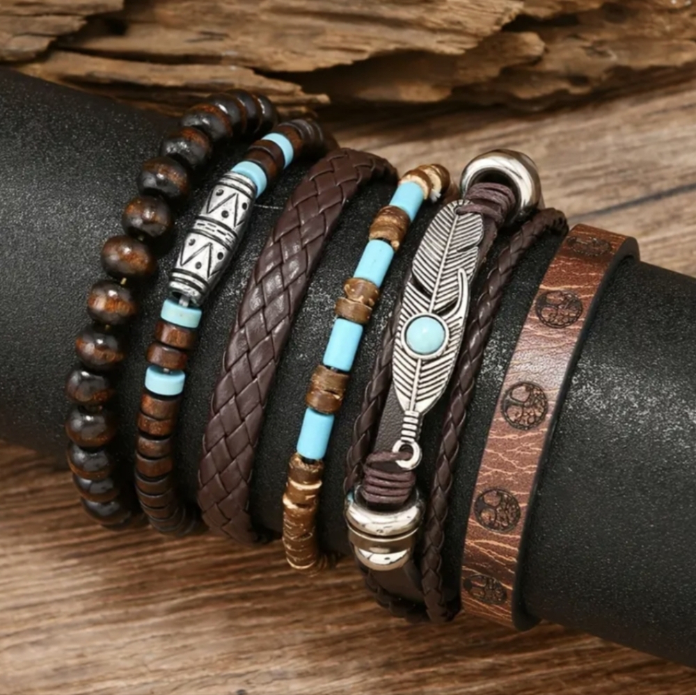 6 Pc Western Bracelet Boho Rodeo Turquoise Men Women Retro PU Leather Bracelets - Picture 2 of 13